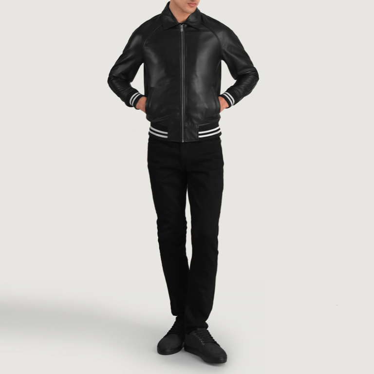 Mens Walton Black Leather Varsity Jacket Full Length-2-1704116520110
